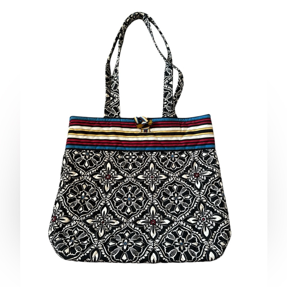 VERA BRADLEY BARCELONA PRINT QUILTED BLACK WHITE STRIPE TRIM RED BLUE WHITE BAG